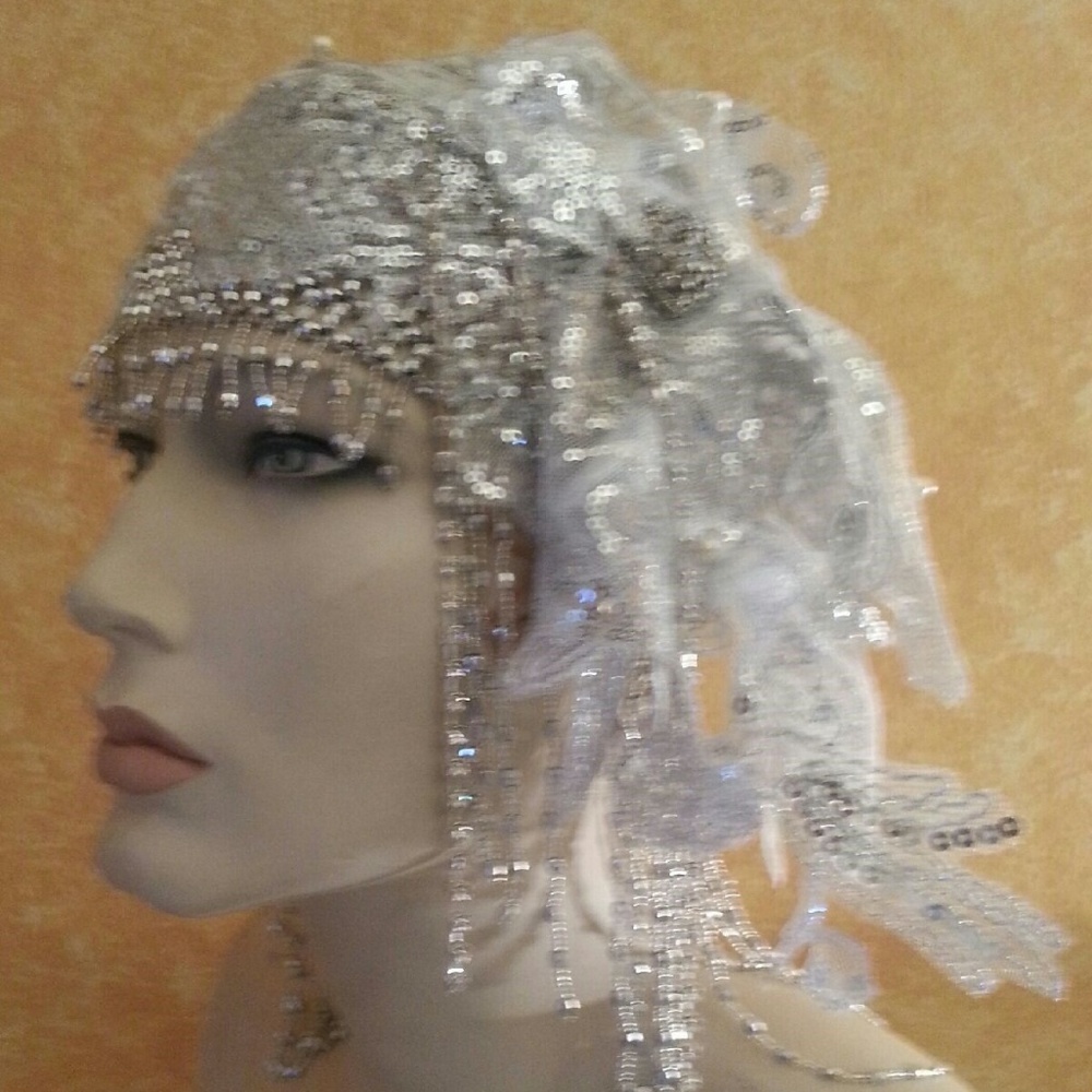 Silver Gatsby Fringe Bead Lace Crystal Headpiece